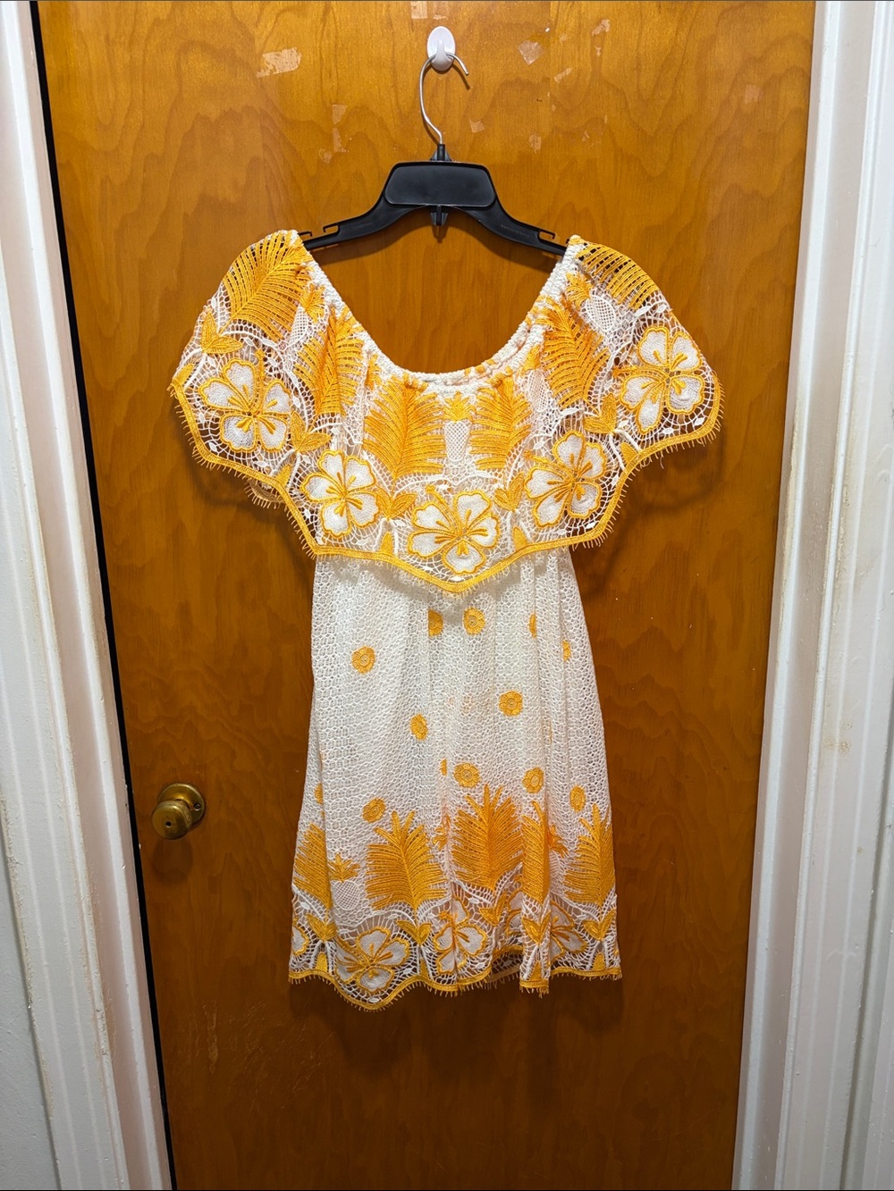 Miguelina White Dress with Golden Yellow Embroidery